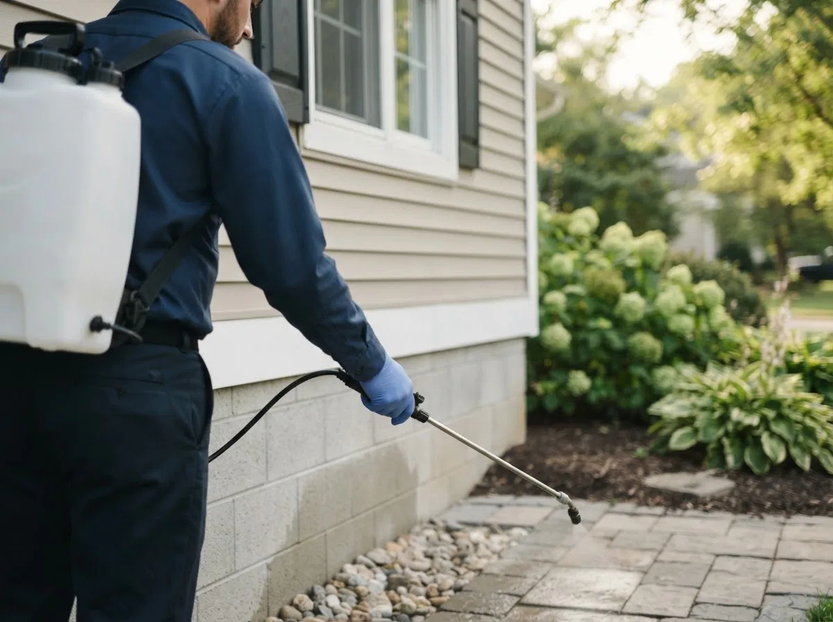 Pest control technician inspecting a home in Rock City Falls, NY